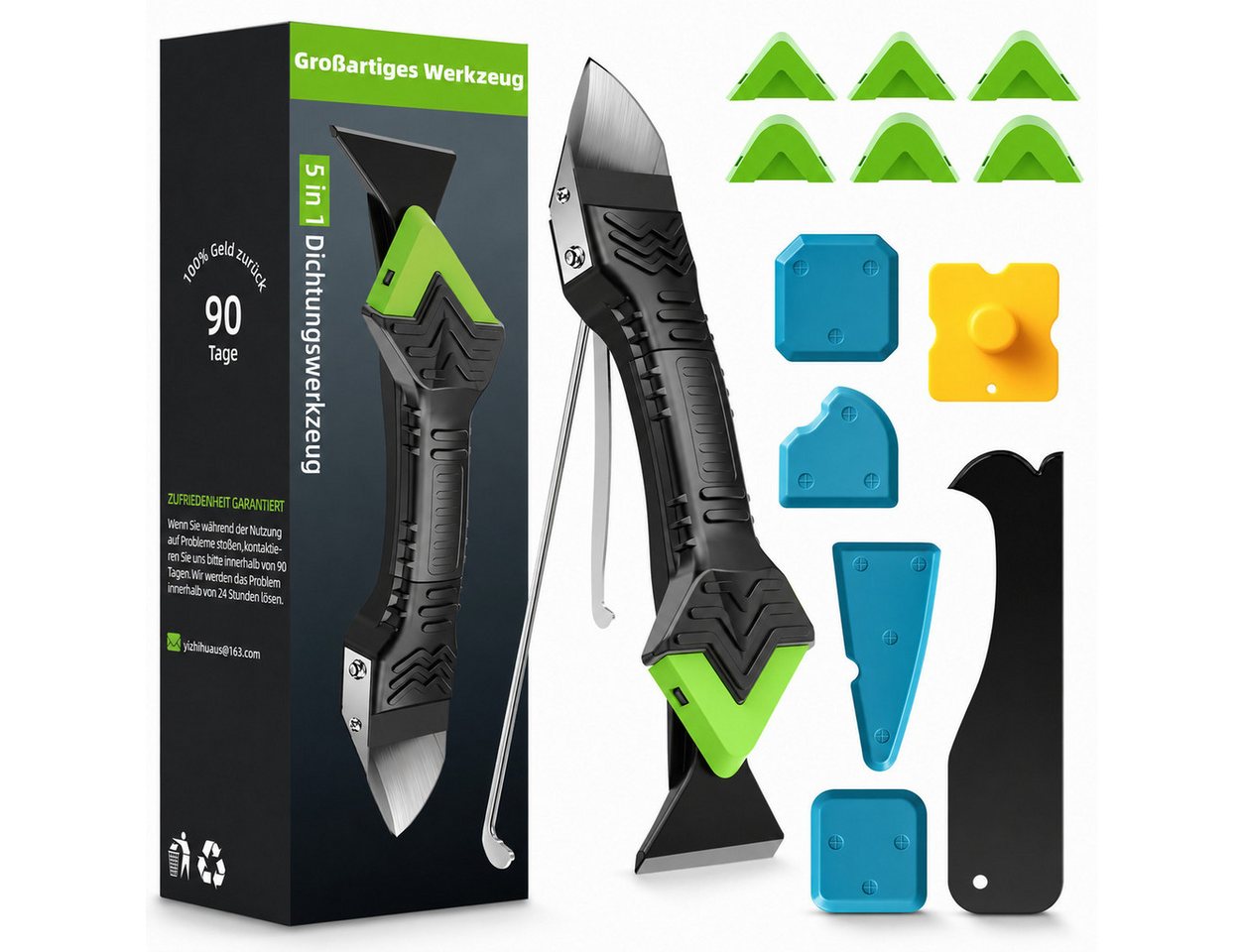 ibettertec Multitool Multitool 5‑in‑1 Silikonentferner‑Set – Fugenwerkzeug aus Edelstahl, (Set, mit 6 austauschbaren Silikonpads, Schaber und Dichtstoffwerkzeug), Praktisches 5-in-1 Fugenwerkzeug