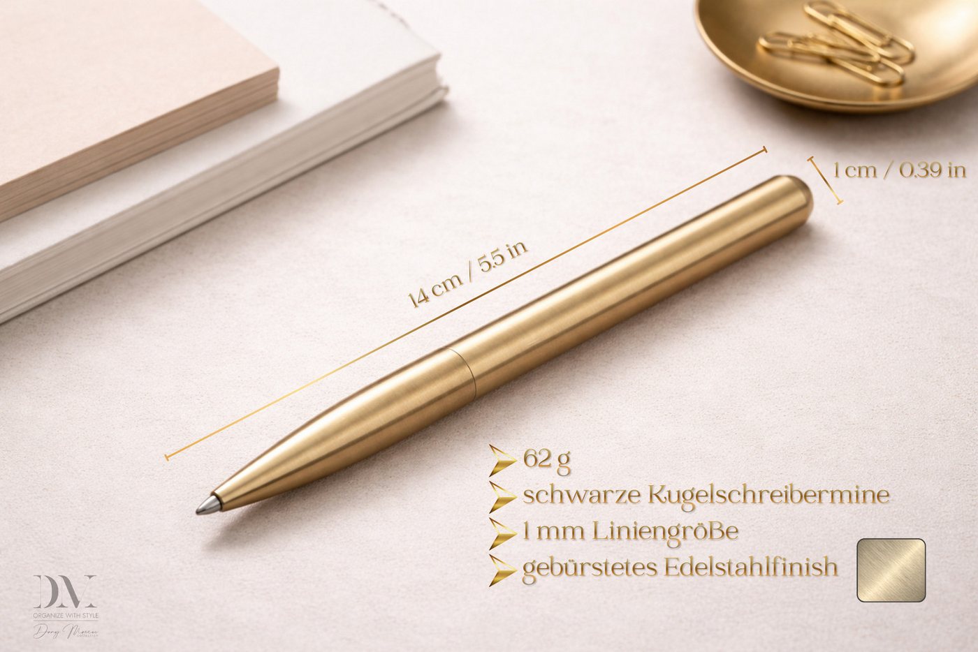 Dany Marcus Drehkugelschreiber Edelstahl-Kugelschreiber, Gold Matt, Elegantes Design, in Geschenkbox, (Set, Kugelschreiber mit Geschenkbox), inkl. Geschenkbox, mit Mine in schwarz