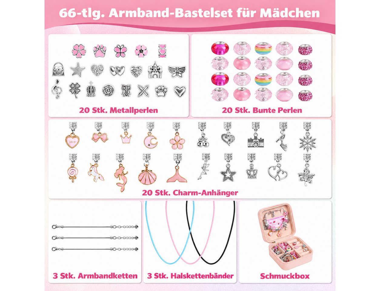 ibettertec Bastel-Armband Kreativset, Schmuckset für Mädchen, 66-tlg. Armband-Bastelset, Geschenk für Mädchen im Alter von 5–12 Jahren Bild 3