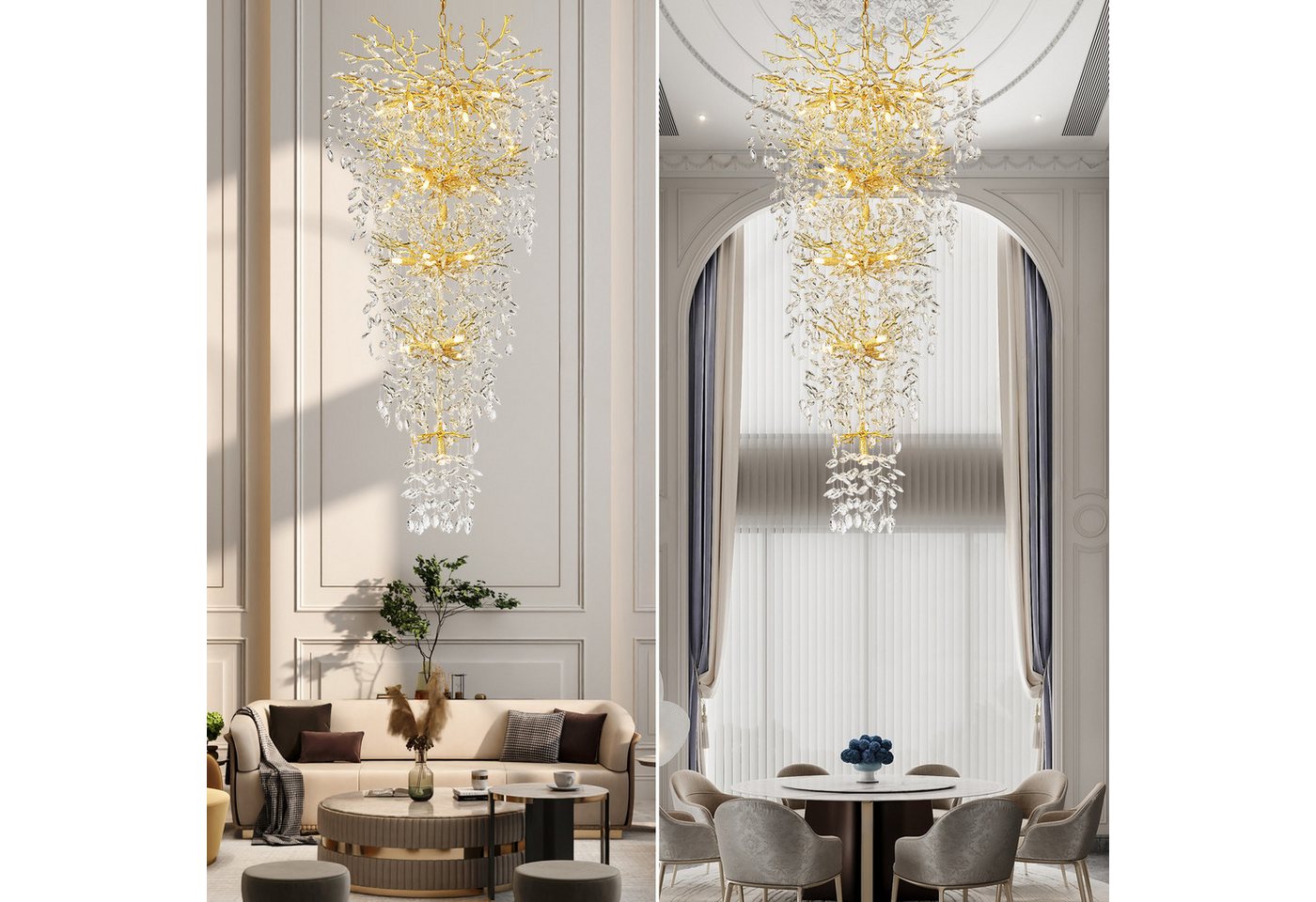 Surtime Kronleuchter für Treppenhaus, 300 cm, Goldfarben,Kristall, 28 G9-Fassungen für gleichmäßiges Licht, LED wechselbar, 3000K, K9-Kristalldesign im Ast-Stil Bild 3