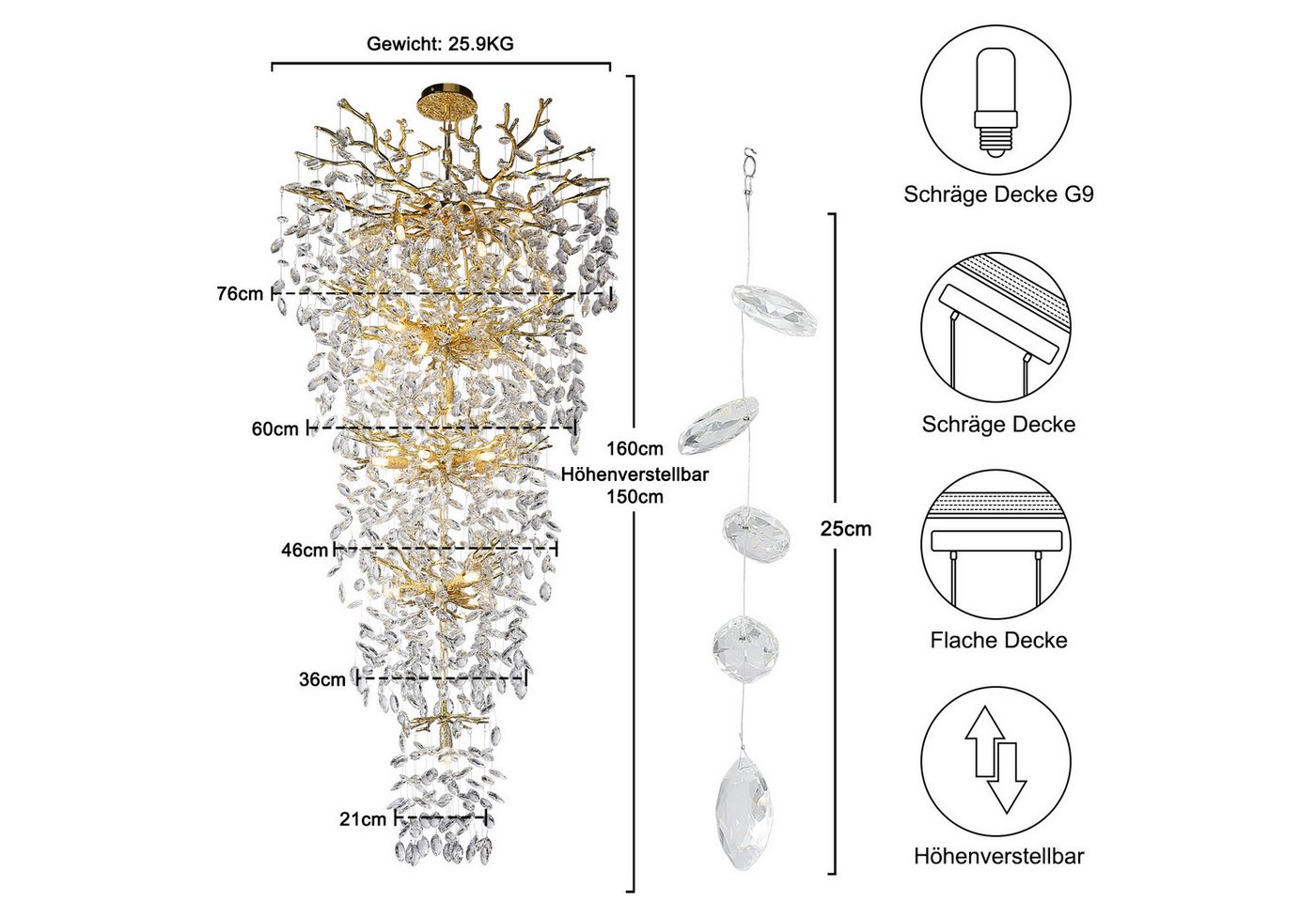 Surtime Kronleuchter für Treppenhaus, 300 cm, Goldfarben,Kristall, 28 G9-Fassungen für gleichmäßiges Licht, LED wechselbar, 3000K, K9-Kristalldesign im Ast-Stil Bild 4