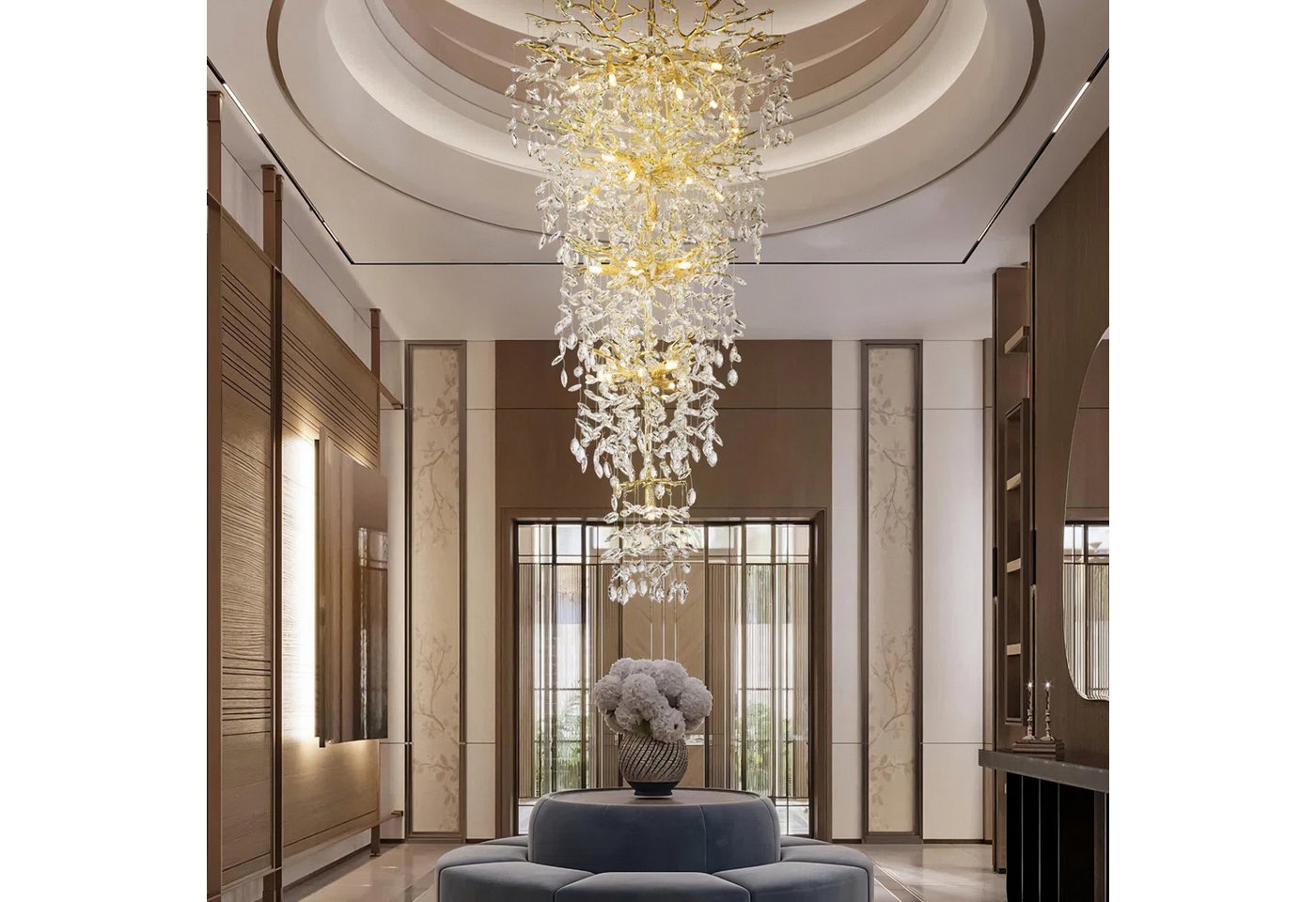 Surtime Kronleuchter für Treppenhaus, 300 cm, Goldfarben,Kristall, 28 G9-Fassungen für gleichmäßiges Licht, LED wechselbar, 3000K, K9-Kristalldesign im Ast-Stil Bild 5