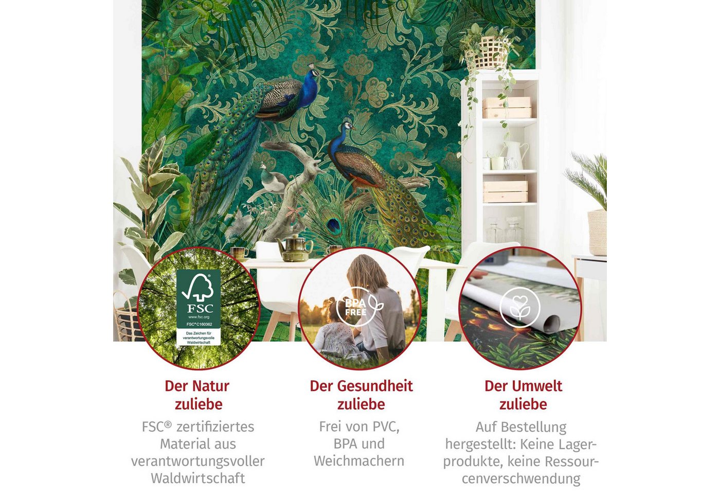 Bilderdepot24 Vliestapete Vintage Shabby Chic Collage Edler Pfau Dschungel Tropisch Wanddeko, Glatt, Matt, (Vliestapete inkl. Kleister oder selbstklebend), Wohnzimmer Schlafzimmer Küche Flur Fototapete Motivtapete Wandtapete