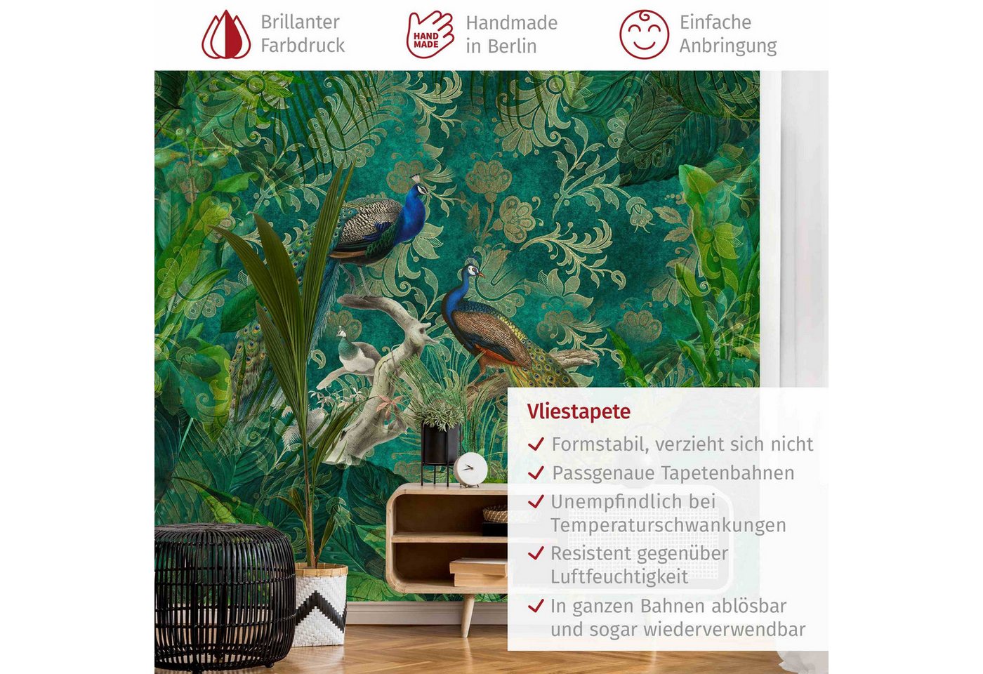 Bilderdepot24 Vliestapete Vintage Shabby Chic Collage Edler Pfau Dschungel Tropisch Wanddeko, Glatt, Matt, (Vliestapete inkl. Kleister oder selbstklebend), Wohnzimmer Schlafzimmer Küche Flur Fototapete Motivtapete Wandtapete Bild 2