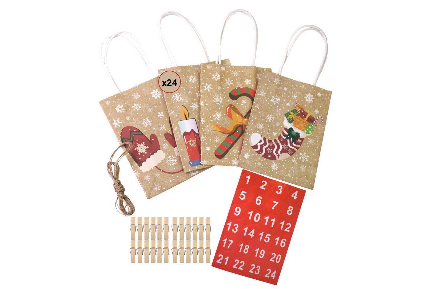 hausleben befüllbarer Adventskalender 24 Geschenktüten aus Kraftpapier (73-tlg), inkl. Sticker 1-24, 3m Paketschnur, 24 Holzklammern Bild 2