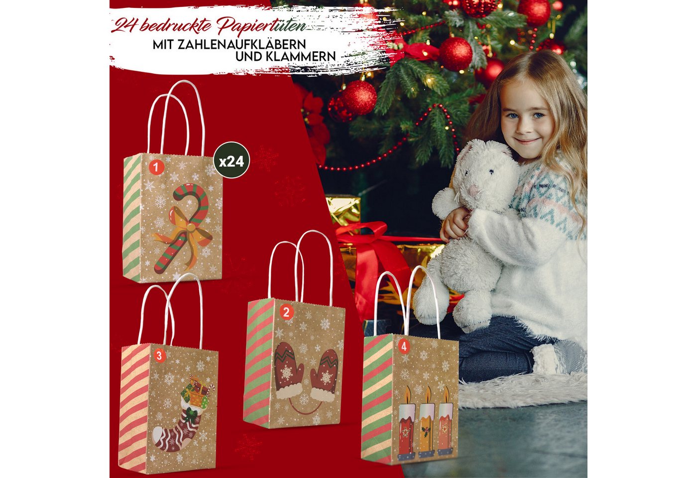 hausleben befüllbarer Adventskalender 24 Geschenktüten aus Kraftpapier (73-tlg), inkl. Sticker 1-24, 3m Paketschnur, 24 Holzklammern Bild 4