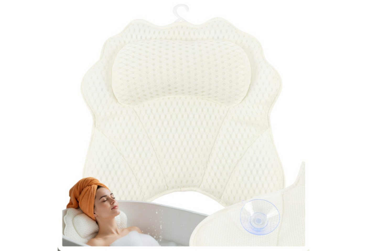 Ruhhy Badewannenkissen Badekissen 43x40 cm Entspannungskissen mit 6 Saugnäpfen, Badekissen mit 6 Saugnäpfen und Aufhängehaken für Badewanne, Badekissen mit 6 Saugnäpfen und Aufhängehaken, 6 Saugnäpfe, 3D-Mesh-Gewebe, Schnelltrocknend, Ergonomische Form