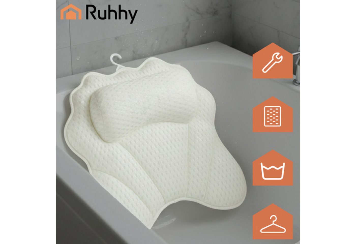 Ruhhy Badewannenkissen Badekissen 43x40 cm Entspannungskissen mit 6 Saugnäpfen, Badekissen mit 6 Saugnäpfen und Aufhängehaken für Badewanne, Badekissen mit 6 Saugnäpfen und Aufhängehaken, 6 Saugnäpfe, 3D-Mesh-Gewebe, Schnelltrocknend, Ergonomische Form Bild 5