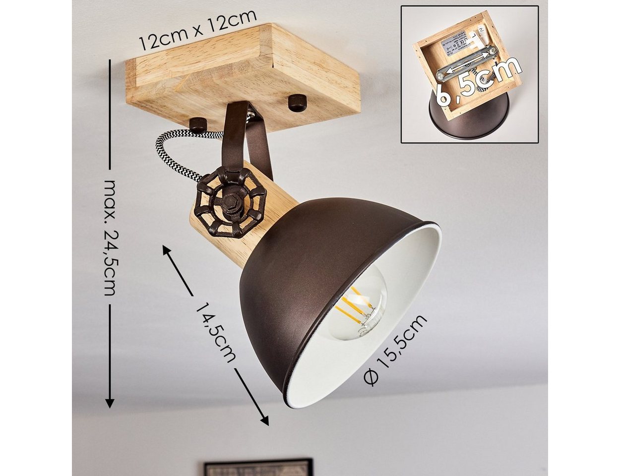 hofstein Deckenleuchte »Cotes« verstellbare Wandlampe aus Metall/Holz in Anthrazit/Weiß/Braun, ohne Leuchtmittel, 1xE27, Wandspot im Retro/Vintage Design Bild 3