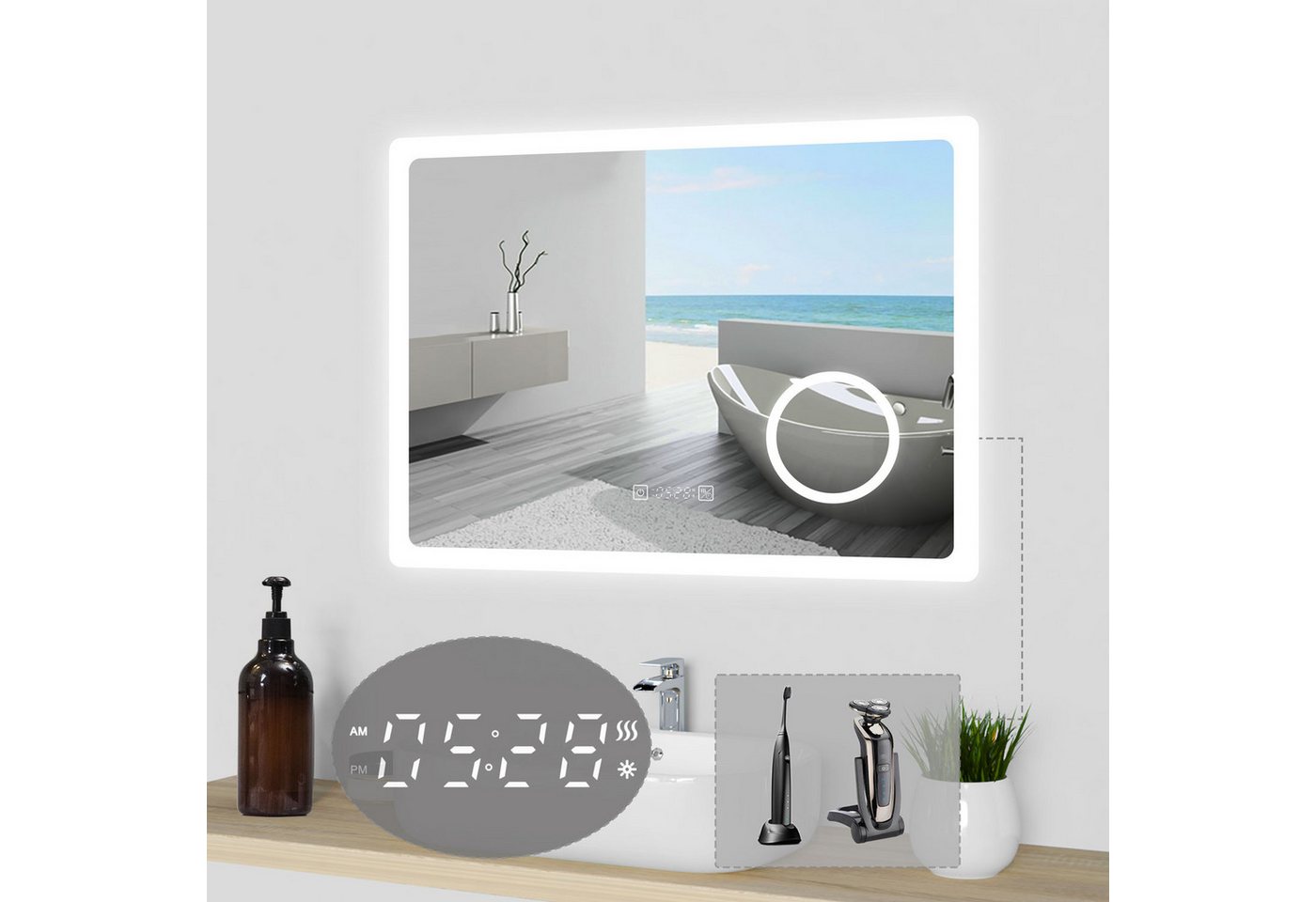 duschspa Badspiegel LED Spiegel mit Steckdose 3x Schminkspiegel Kalt/Neutral/Warmweiß, Uhr/Rasiersteckdose Bild 5
