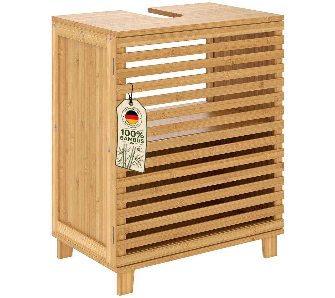 Bellamio Waschbeckenunterschrank Newa, Badezimmerschrank mit zwei Ablagefächern (mit Flügeltüren, 1-St) aus natürlichem Bambus, robst und langlebig