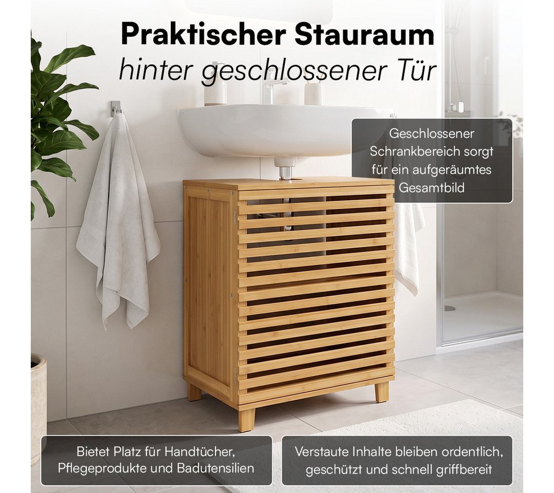 Bellamio Waschbeckenunterschrank Newa, Badezimmerschrank mit zwei Ablagefächern (mit Flügeltüren, 1-St) aus natürlichem Bambus, robst und langlebig Bild 2