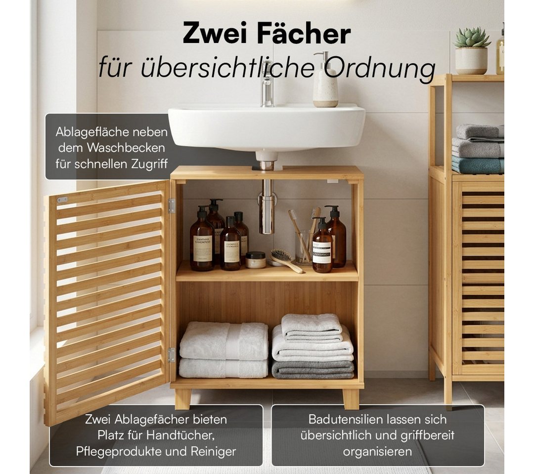 Bellamio Waschbeckenunterschrank Newa, Badezimmerschrank mit zwei Ablagefächern (mit Flügeltüren, 1-St) aus natürlichem Bambus, robst und langlebig Bild 3