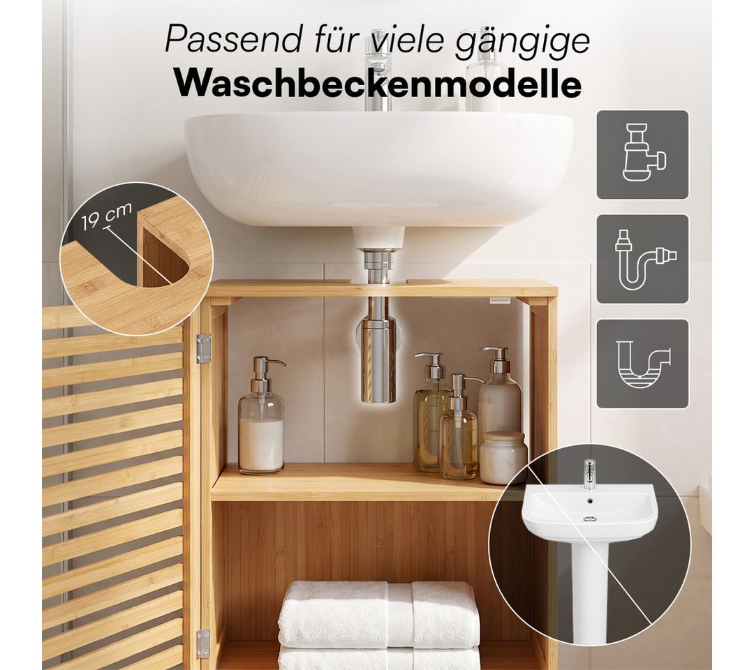 Bellamio Waschbeckenunterschrank Newa, Badezimmerschrank mit zwei Ablagefächern (mit Flügeltüren, 1-St) aus natürlichem Bambus, robst und langlebig Bild 4