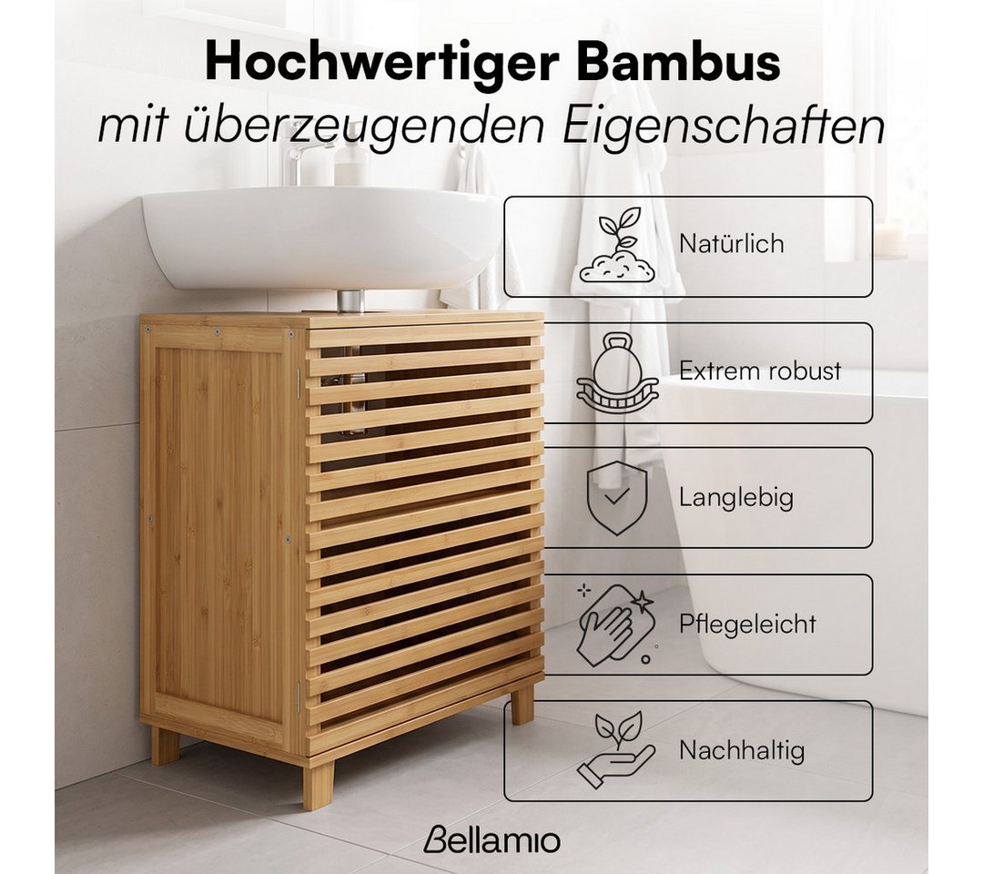 Bellamio Waschbeckenunterschrank Newa, Badezimmerschrank mit zwei Ablagefächern (mit Flügeltüren, 1-St) aus natürlichem Bambus, robst und langlebig Bild 5