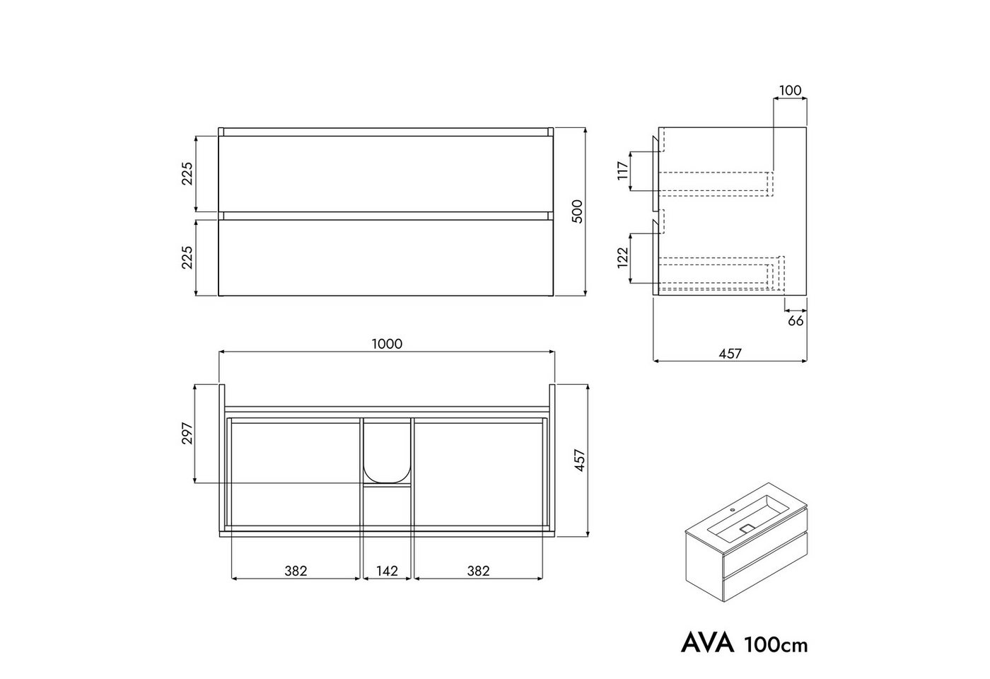 Bernstein Waschbeckenunterschrank AVA Eiche honiggold 100cm Waschbecken Weiß matt ohne Hahnloch Waschtischunterschrank mit Mineralguss-Waschbecken 2 Schubladen Bild 5