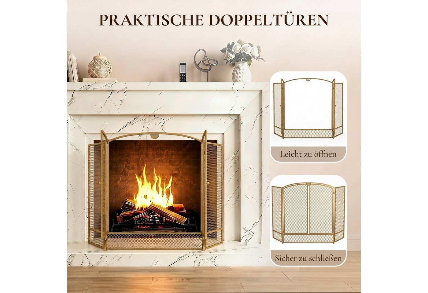 HOMCOM Kamingitter hitzebeständiges Metallschutzgitter (Set, 1-tlg., 1x Kaminschutzgitter), 3-teilig klappbar, mit Doppeltüren Bild 3