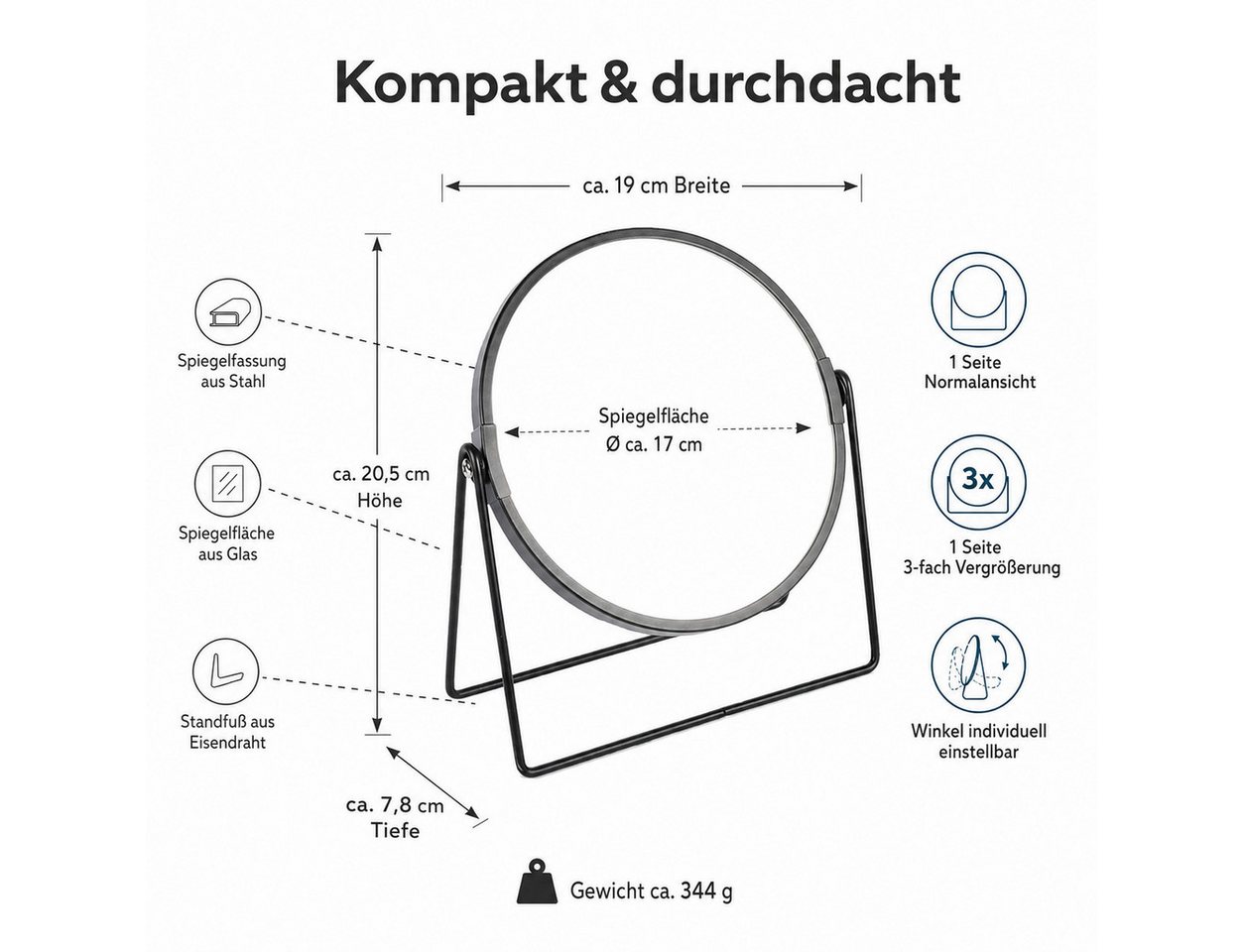 ReWu Kosmetikspiegel Kosmetikspiegel rund, schwarz, 3x Vergrößerung, Standspiegel Bild 5