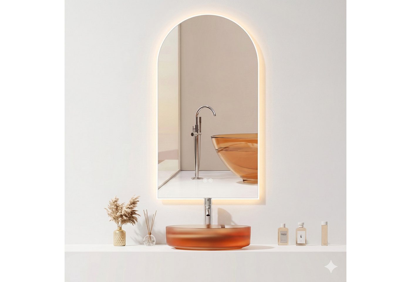 HOKO Badspiegel in Bogenform mit Anti-Beschlag und Rahmen in Gold, Schwarz oder WeiB (50x90 cm LED-Wandspiegel in Bogenform mit weißem Aluminiumrahmen, mit Memory-Funktion, Touch-Schalter und Lichtfarbe 2700 bis 6500 K), für Bad, Gäste-WC und Einzelwaschtisch, hochkant/quer, IP44, Modesto