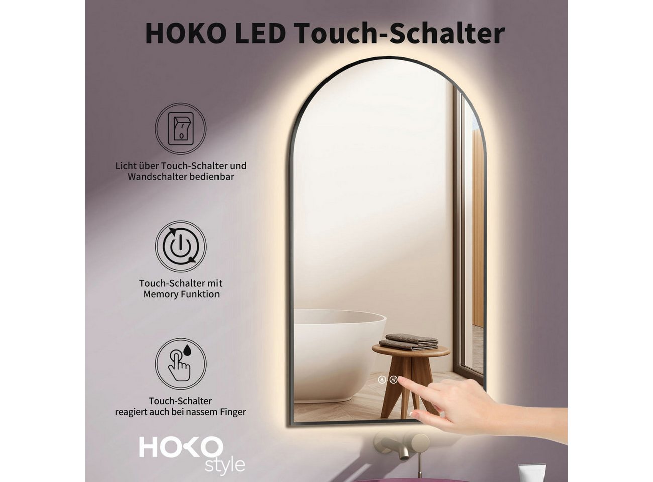 HOKO Badspiegel in Bogenform mit Anti-Beschlag und Rahmen in Gold, Schwarz oder WeiB (50x90 cm LED-Wandspiegel in Bogenform mit weißem Aluminiumrahmen, mit Memory-Funktion, Touch-Schalter und Lichtfarbe 2700 bis 6500 K), für Bad, Gäste-WC und Einzelwaschtisch, hochkant/quer, IP44, Modesto Bild 2