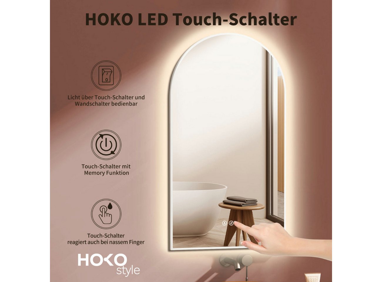HOKO Badspiegel in Bogenform mit Anti-Beschlag und Rahmen in Gold, Schwarz oder WeiB (50x90 cm LED-Wandspiegel in Bogenform mit weißem Aluminiumrahmen, mit Memory-Funktion, Touch-Schalter und Lichtfarbe 2700 bis 6500 K), für Bad, Gäste-WC und Einzelwaschtisch, hochkant/quer, IP44, Modesto Bild 3