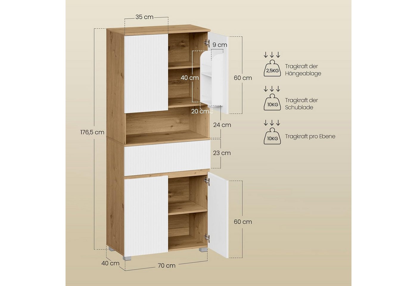 EUGAD Badkommode (1 St), Badschrank, Mit 4 Türen, 1 offenem Fach, 1 Schublade Bild 2