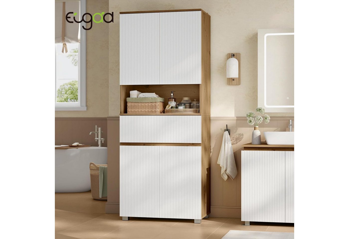 EUGAD Badkommode (1 St), Badschrank, Mit 4 Türen, 1 offenem Fach, 1 Schublade Bild 5