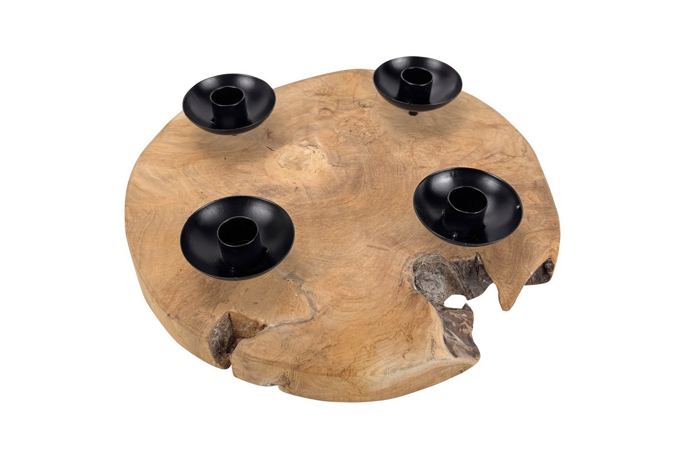Online-Fuchs Adventskranz für Stabkerzen - Stabkerzenhalter Baumscheibe aus massiven Teakholz, vier schwarze Kerzenhalter aus Metall setzen einen modernen Kontrast Bild 4