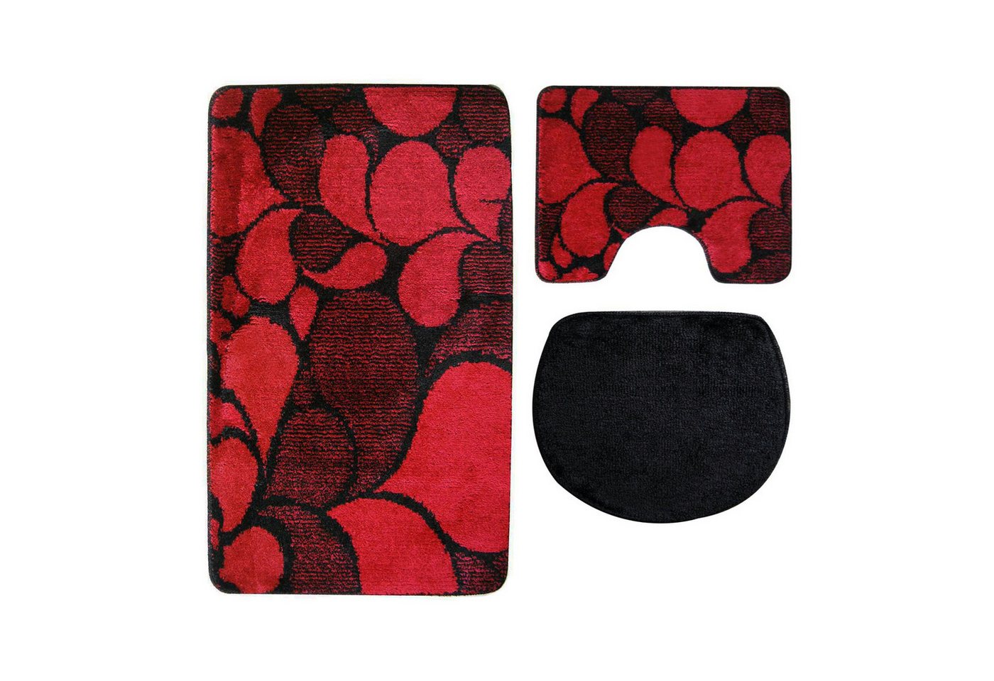 ROLFNERS Badematte 3 tlg Badematte Badezimmerteppich Badteppich Set Rot, Weicher Flor, Rutschfest, Schnell Trocknend, Fußbodenheizungsgeeignet, Polypropylen, Florhöhe ca. 15 mm, Waschbar bis max. 30°C