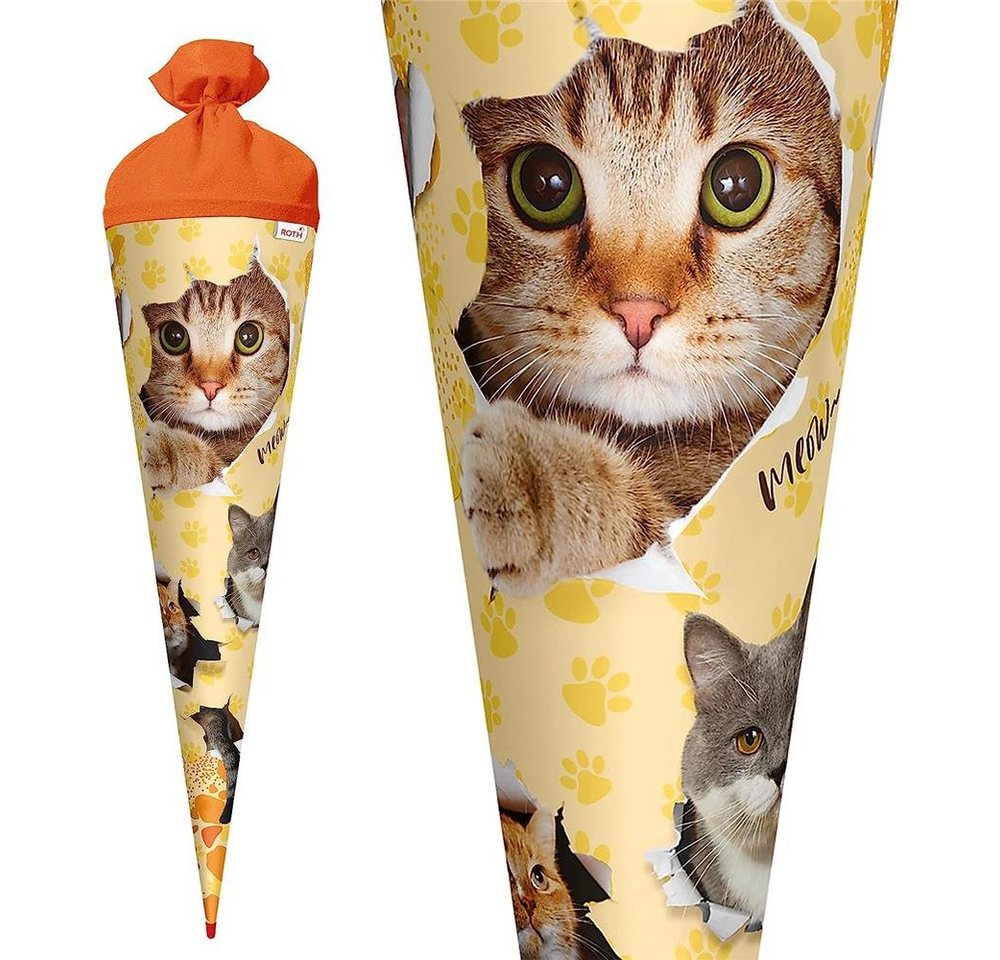 Roth Schultüte Katzenparty, 70 cm, rund, orangefarbiger Filzverschluss, Zuckertüte für Schulanfang Bild 2