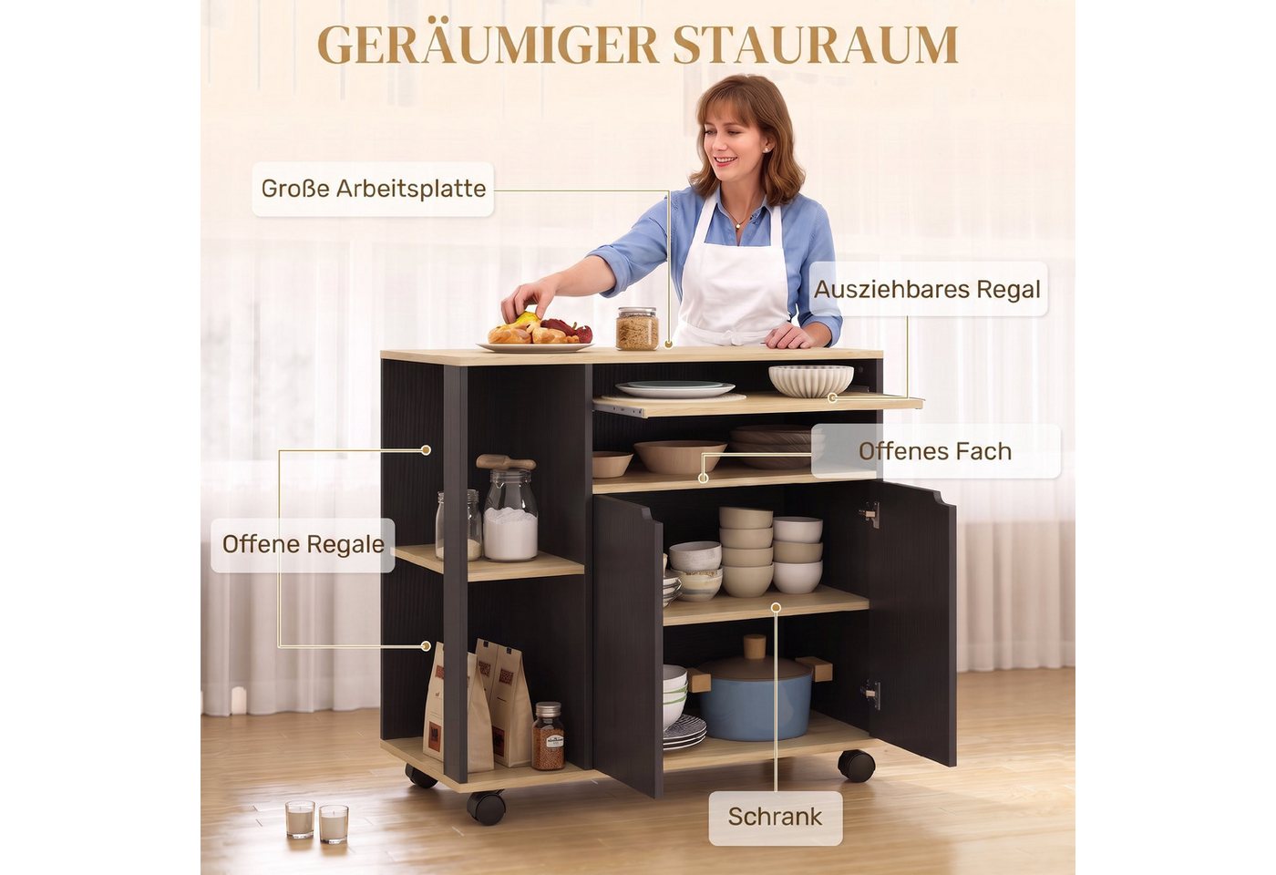 HOMCOM Küchenwagen Servierwagen Küchenregal mit Rollen, Griff, (Set, 1 St., 1), für Küche Bad Büro Wohnzimmer Schwarz