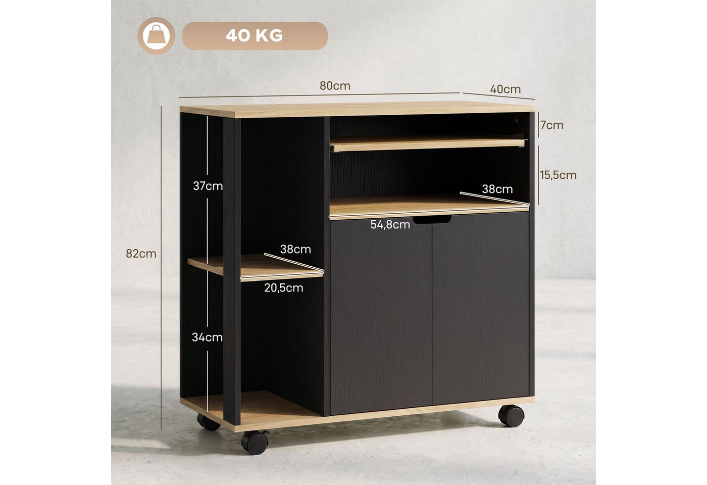 HOMCOM Küchenwagen Servierwagen Küchenregal mit Rollen, Griff, (Set, 1 St., 1), für Küche Bad Büro Wohnzimmer Schwarz Bild 2