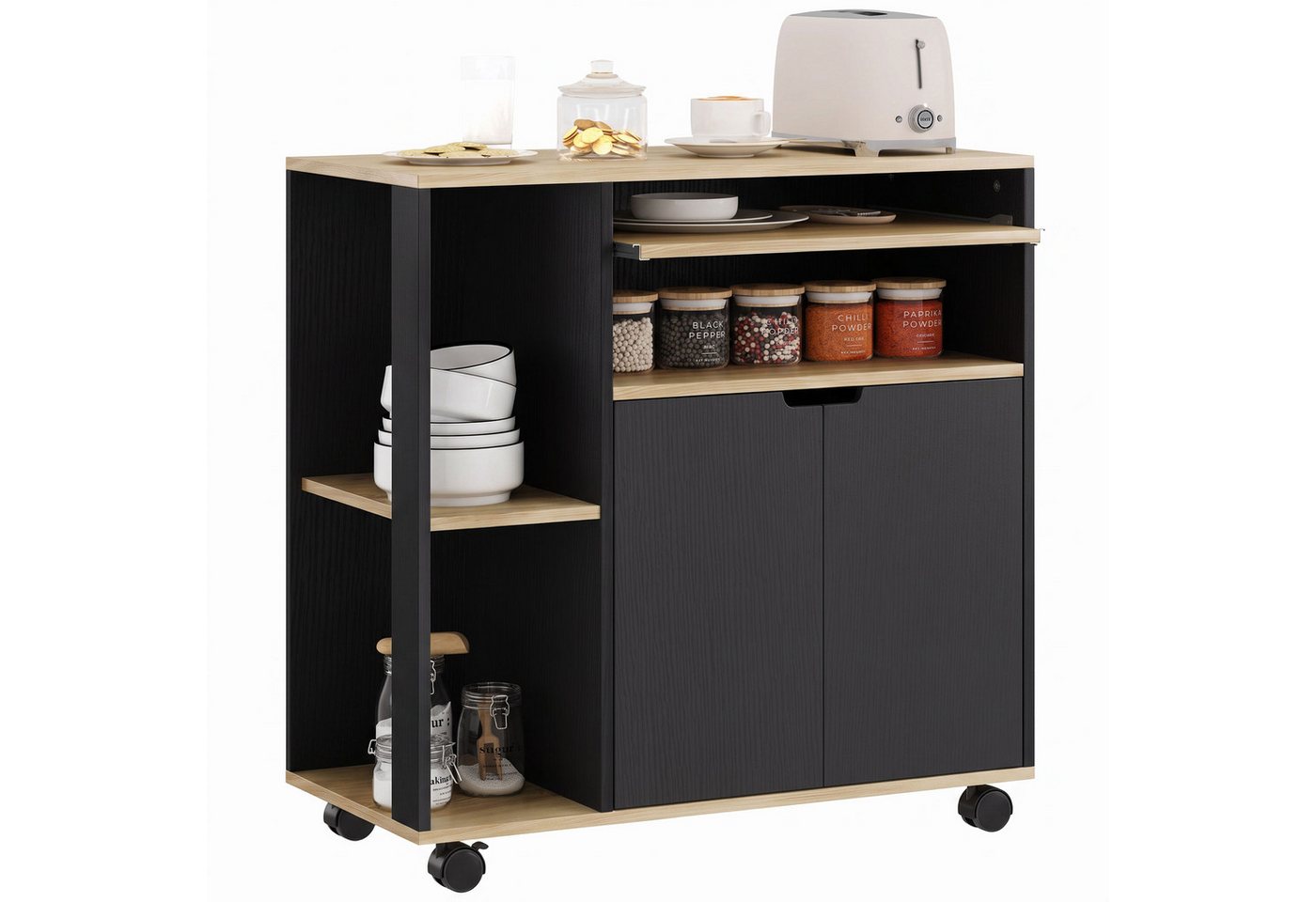 HOMCOM Küchenwagen Servierwagen Küchenregal mit Rollen, Griff, (Set, 1 St., 1), für Küche Bad Büro Wohnzimmer Schwarz Bild 3