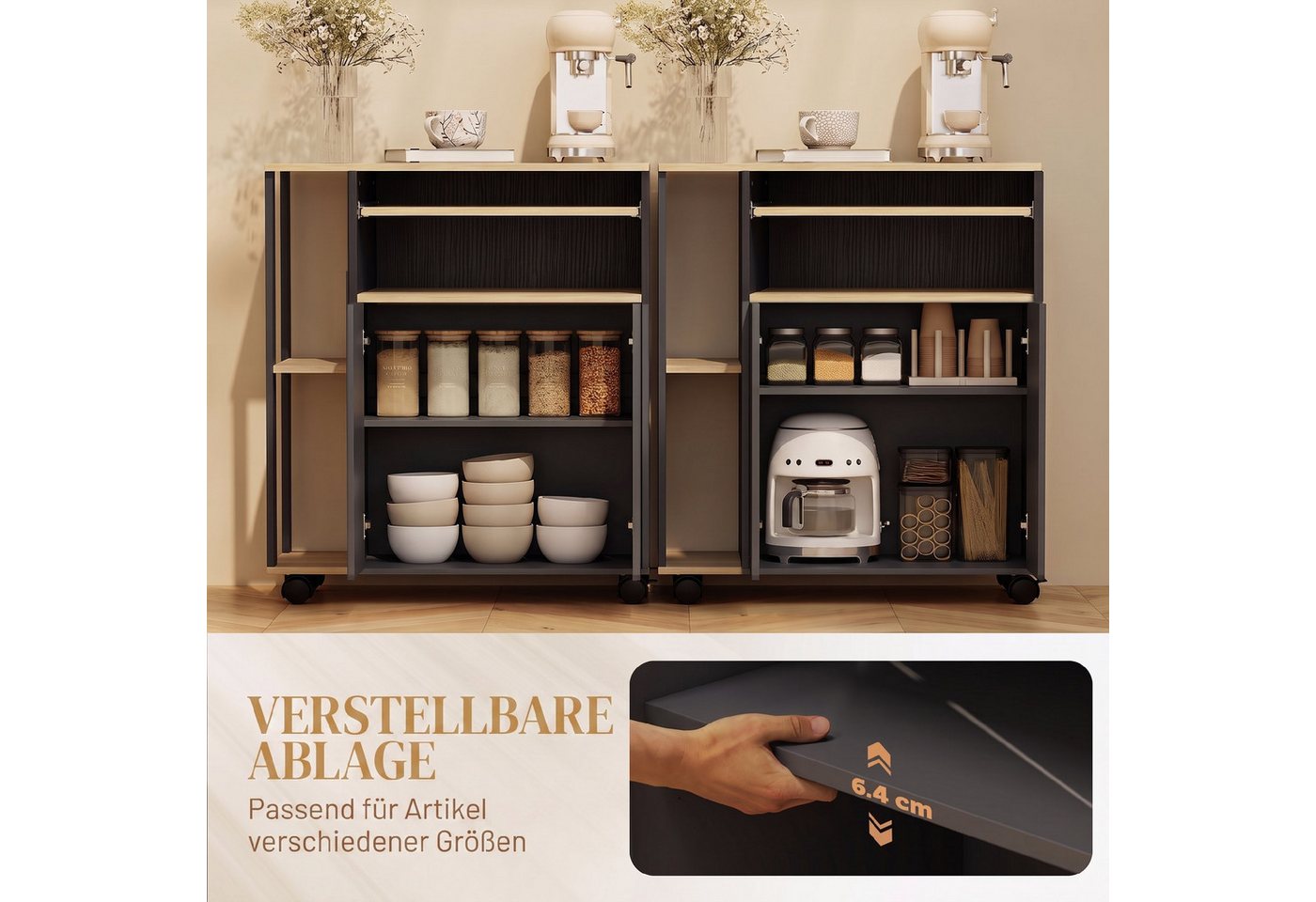 HOMCOM Küchenwagen Servierwagen Küchenregal mit Rollen, Griff, (Set, 1 St., 1), für Küche Bad Büro Wohnzimmer Schwarz Bild 4