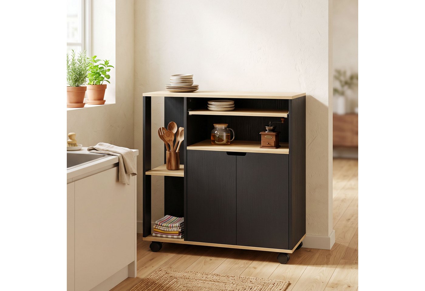 HOMCOM Küchenwagen Servierwagen Küchenregal mit Rollen, Griff, (Set, 1 St., 1), für Küche Bad Büro Wohnzimmer Schwarz Bild 5