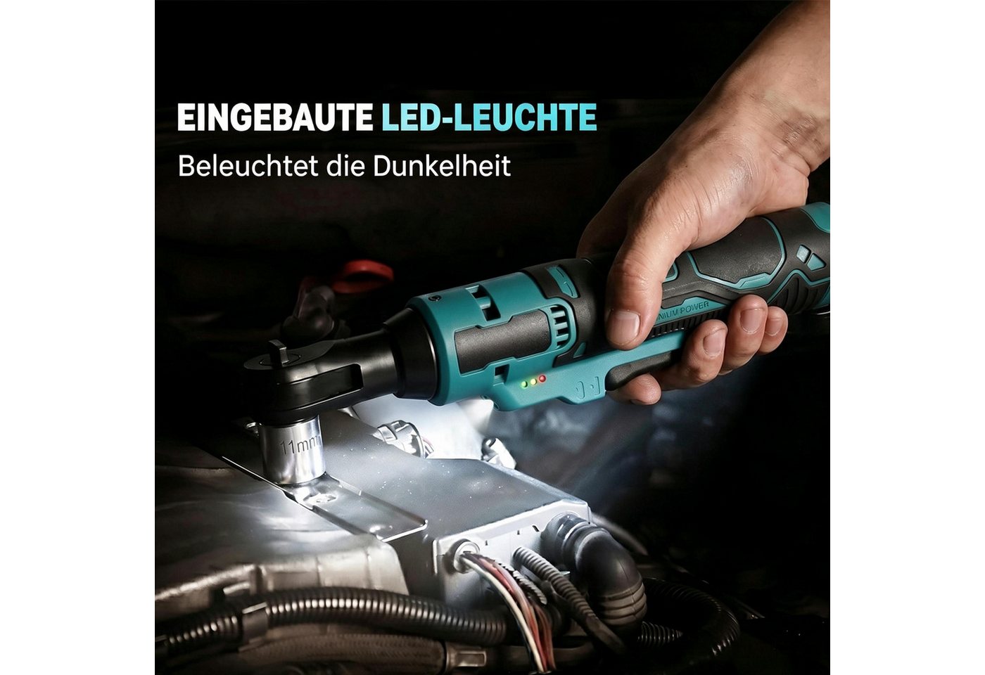 AIBISTAR Akku-Ratschenschrauber Elektrischer Ratschenschlüssel mit LED 21V Akku, 7 Stecknüsse (10–17 mm),Vorwärts- & Rückwärtslauf