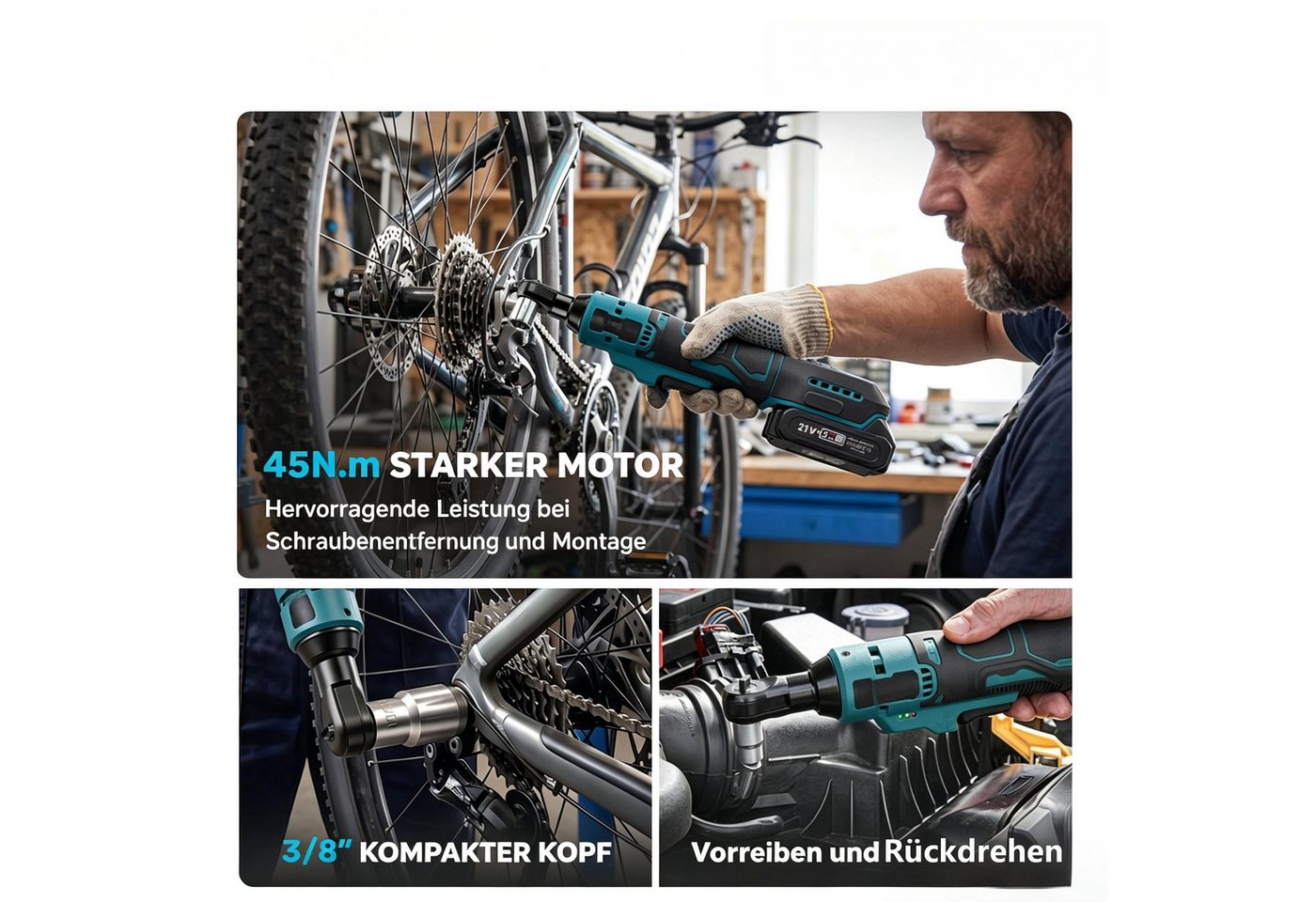 AIBISTAR Akku-Ratschenschrauber Elektrischer Ratschenschlüssel mit LED 21V Akku, 7 Stecknüsse (10–17 mm),Vorwärts- & Rückwärtslauf Bild 4