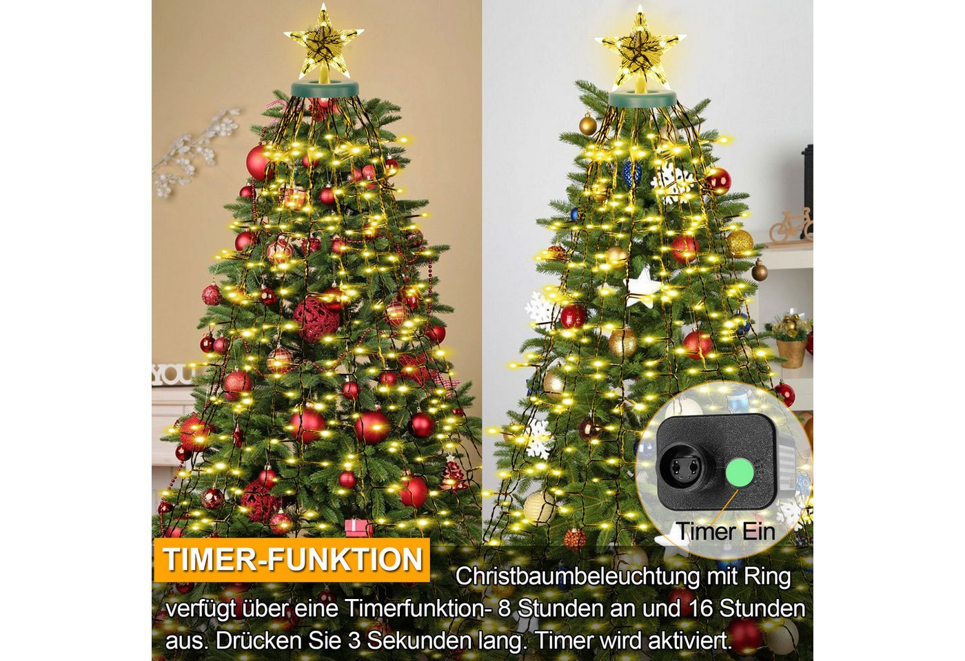 SERBASIC LED-Lichterkette Weihnachtsbaum,Christbaumbeleuchtung mit Ring und Stern,Timer 8 Modi, 16 Stränge, Speicher, für Außen Innen, 150cm bis 220cm Tannenbaum