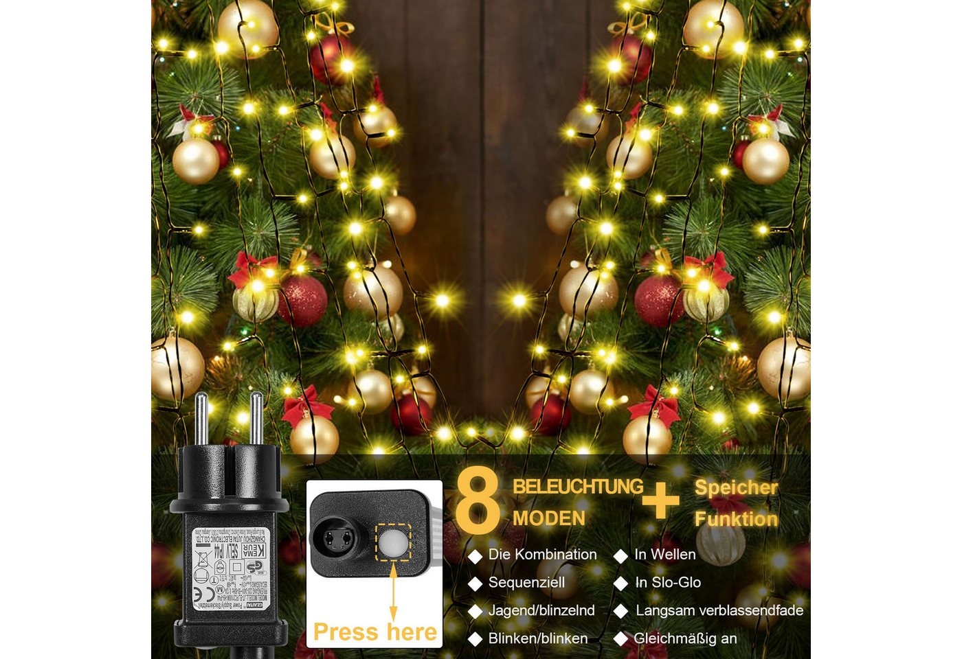 SERBASIC LED-Lichterkette Weihnachtsbaum,Christbaumbeleuchtung mit Ring und Stern,Timer 8 Modi, 16 Stränge, Speicher, für Außen Innen, 150cm bis 220cm Tannenbaum Bild 3