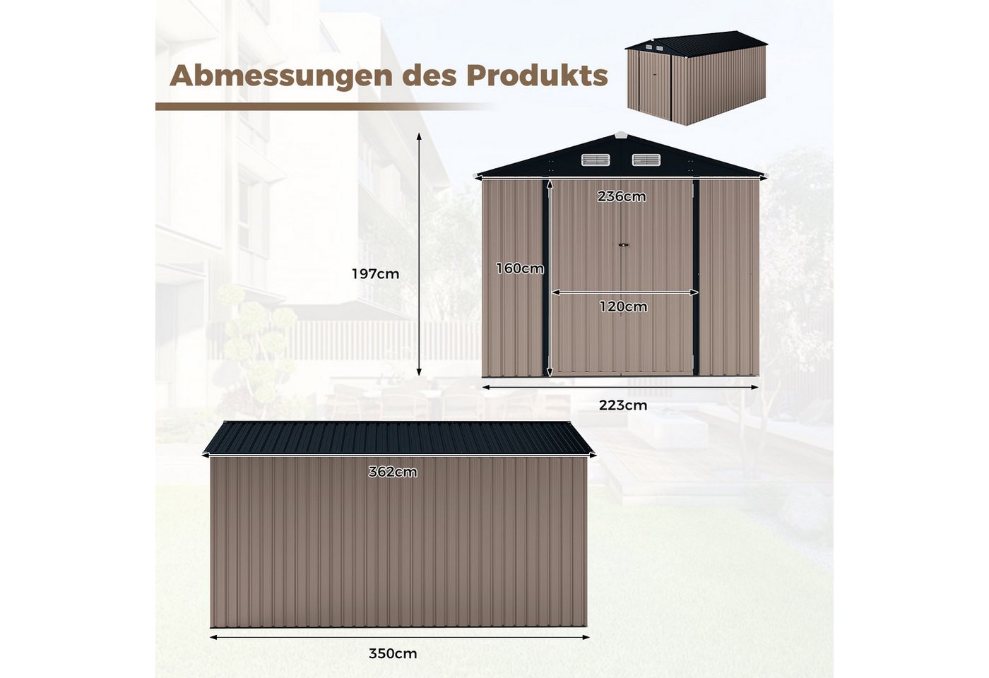 COSTWAY Gerätehaus, BxT: 350x223 cm, Geräteschuppen, Gartenhaus, mit abschließbaren Türen & Schlüsseln Bild 5