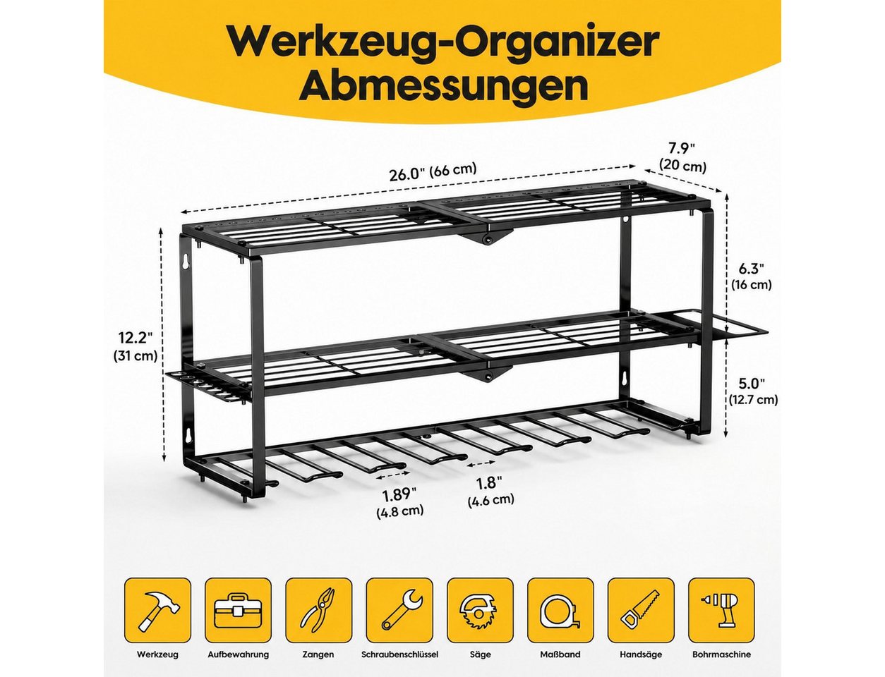 Fyrove Werkzeughalter Wand Metall, 3 Etagen Werkzeugregal für Garage und Werkstatt, 66×20×31cm, Akkuschrauber Halterung mit Bohrmaschinenhalter und Zubehörablage Bild 2