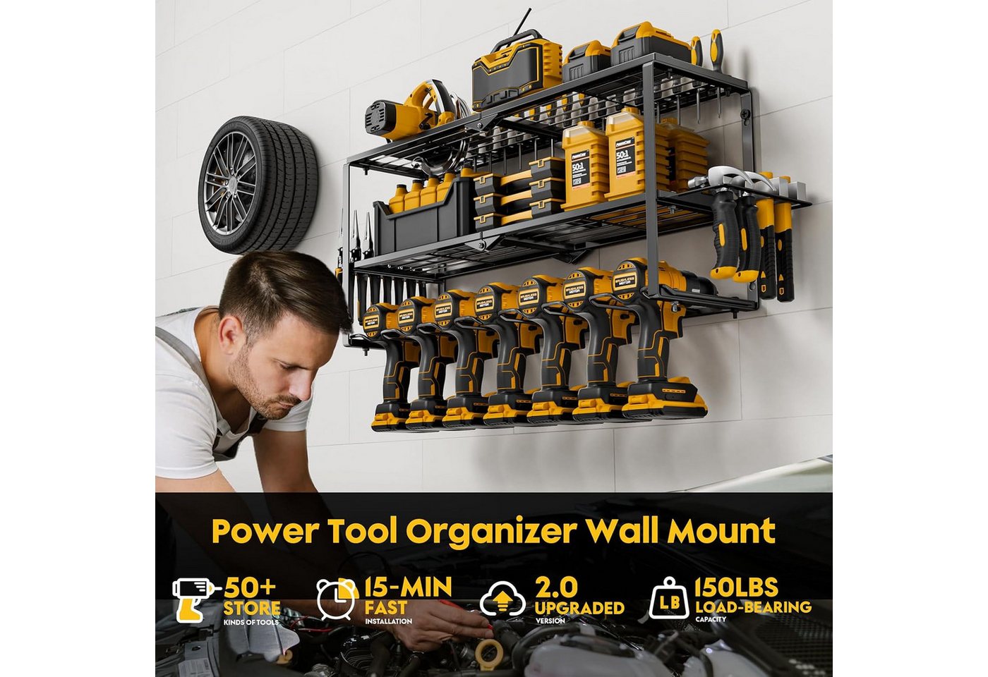 Fyrove Werkzeughalter Wand Metall, 3 Etagen Werkzeugregal für Garage und Werkstatt, 66×20×31cm, Akkuschrauber Halterung mit Bohrmaschinenhalter und Zubehörablage Bild 4