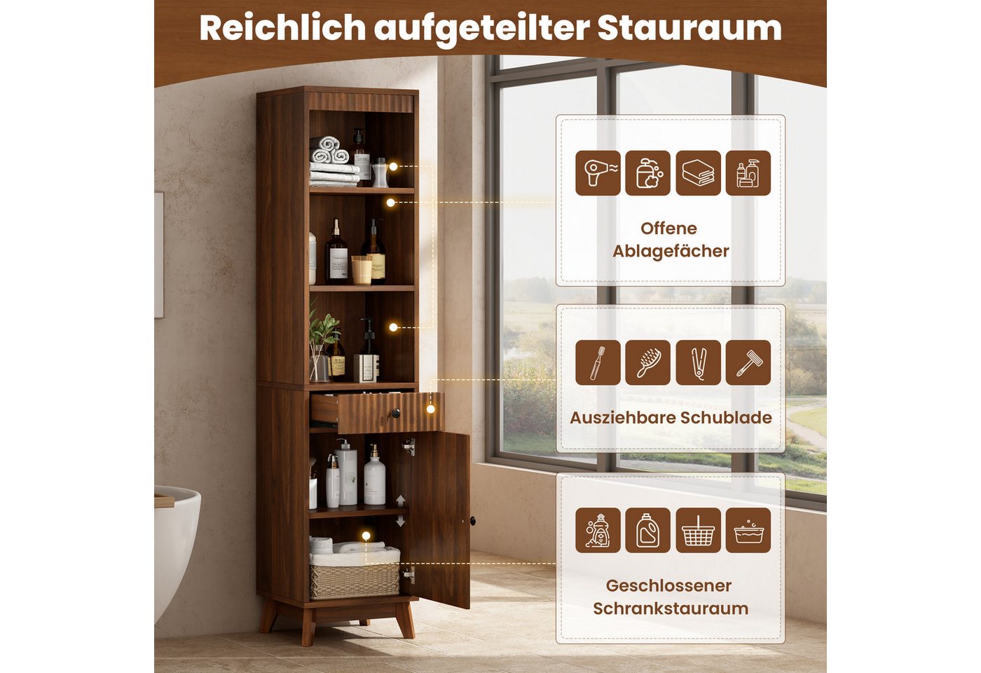 Merax Badkommode freistehend Hochschrank Badezimmerschrank mit Soft-Close & Kippschutz (40 × 36 × 172 cm, 1 St), Badschrank mit Schublade,offenen Ablagen,Tür mit Links-Rechts-Anschlag Bild 4