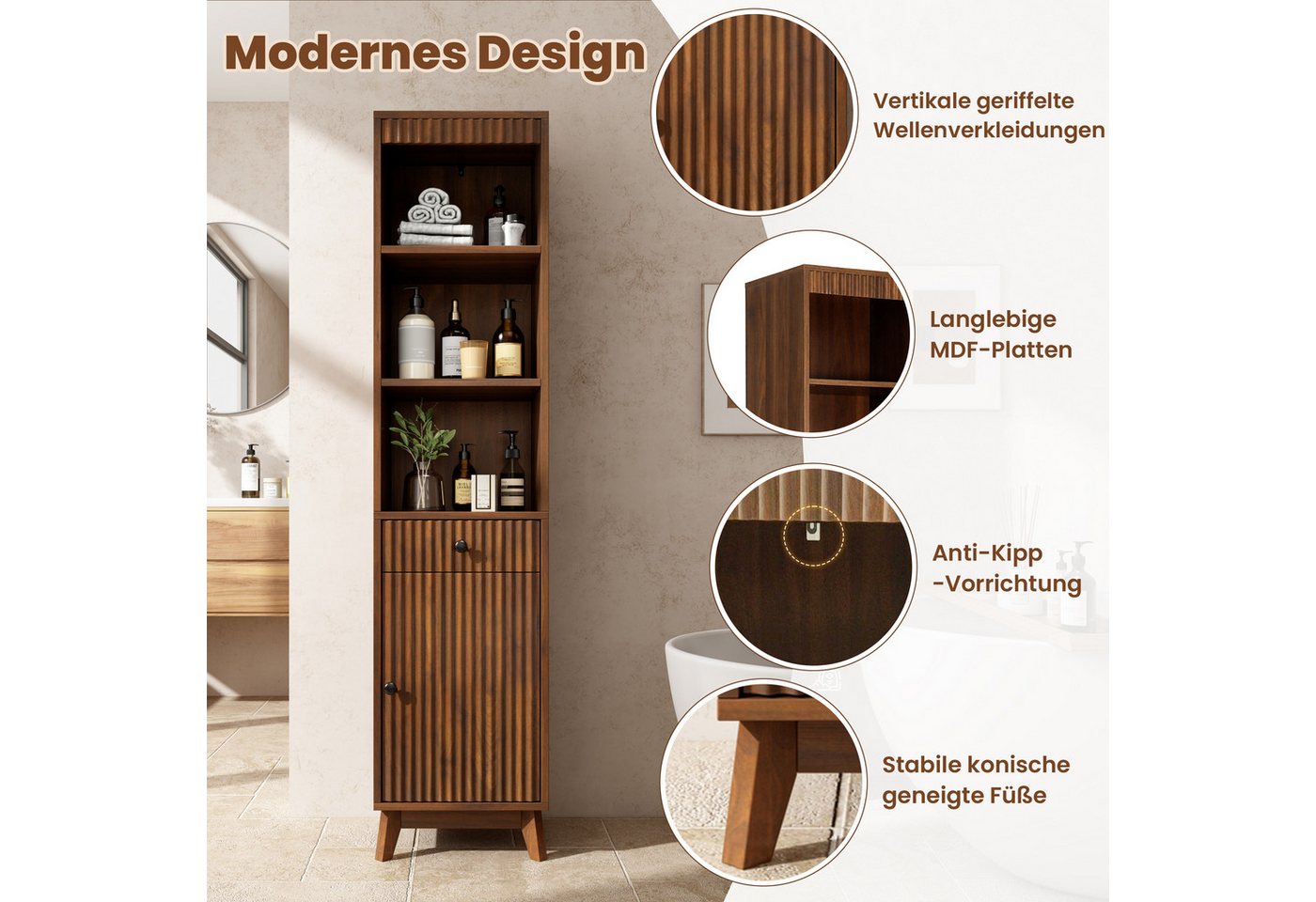 Merax Badkommode freistehend Hochschrank Badezimmerschrank mit Soft-Close & Kippschutz (40 × 36 × 172 cm, 1 St), Badschrank mit Schublade,offenen Ablagen,Tür mit Links-Rechts-Anschlag Bild 5