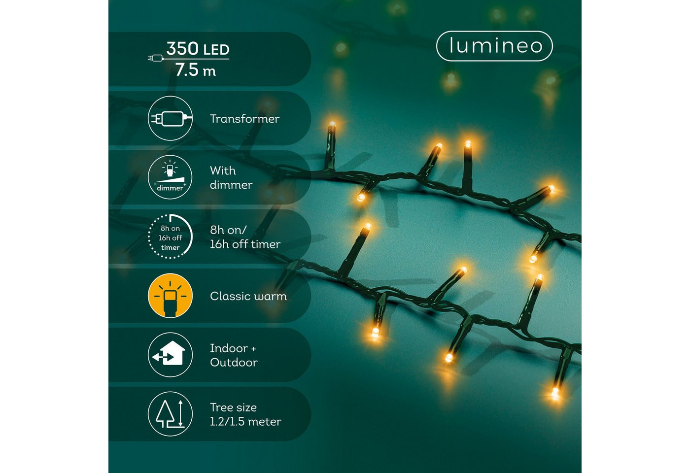 Lumineo LED-Lichterkette Lumineo Lichterkette COMPACT 350 LED 7,5m klassisch warm, grünes Kabel, Dimmbar, 8h-Timer, Indoor/Outdoor, + 5 m Zuleitung Bild 5