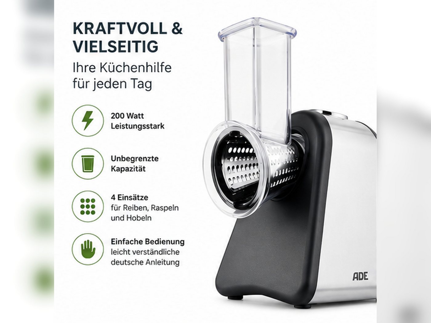 ADE Multireibe KA1802 Elektrische Multireibe 200 W mit 4 Reibeeinsätzen Edelstahl, Edelstahl, (Set, 5-St., mit 4 Reibeeinsätzen), Zum Reiben, Raspeln und Hobeln, vier Einsätze spülmaschinengeeignet Bild 2