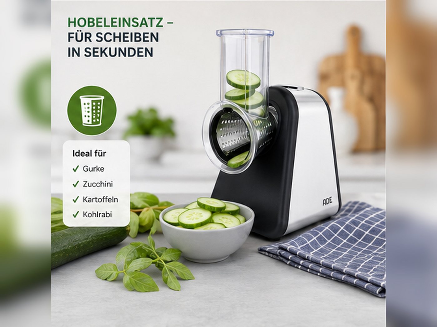 ADE Multireibe KA1802 Elektrische Multireibe 200 W mit 4 Reibeeinsätzen Edelstahl, Edelstahl, (Set, 5-St., mit 4 Reibeeinsätzen), Zum Reiben, Raspeln und Hobeln, vier Einsätze spülmaschinengeeignet Bild 3
