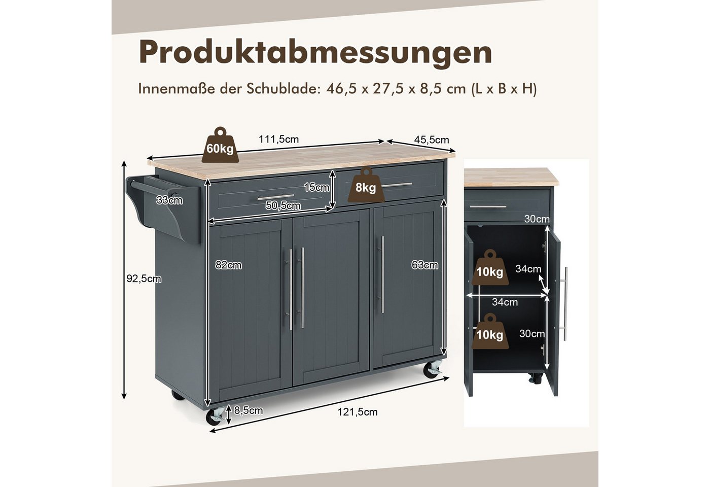 COSTWAY Küchenwagen, Mit Arbeitsplatte, 2 Schubladen, Messer- & Handtuchhalter