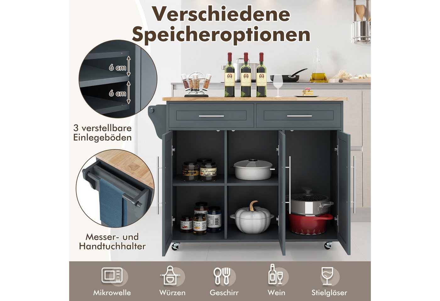 COSTWAY Küchenwagen, Mit Arbeitsplatte, 2 Schubladen, Messer- & Handtuchhalter Bild 4