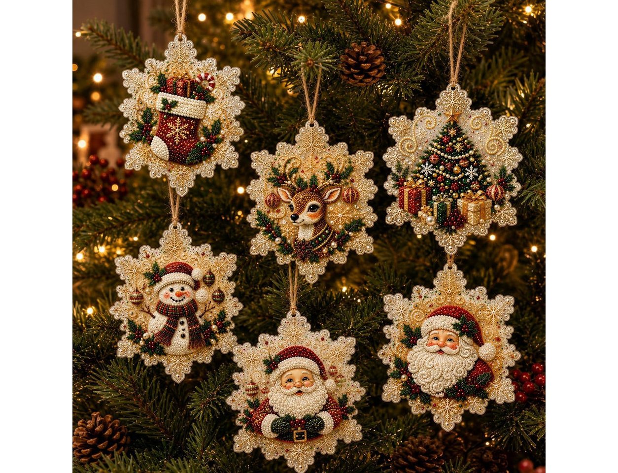 Bomiclss Kreativset 6-teiliges DIY-Set für Weihnachtsschmuck (Perlen- & Diamond-Art), Weihnachtliches Perlenbastelset mit Aufhängeschnur für Erwachsene